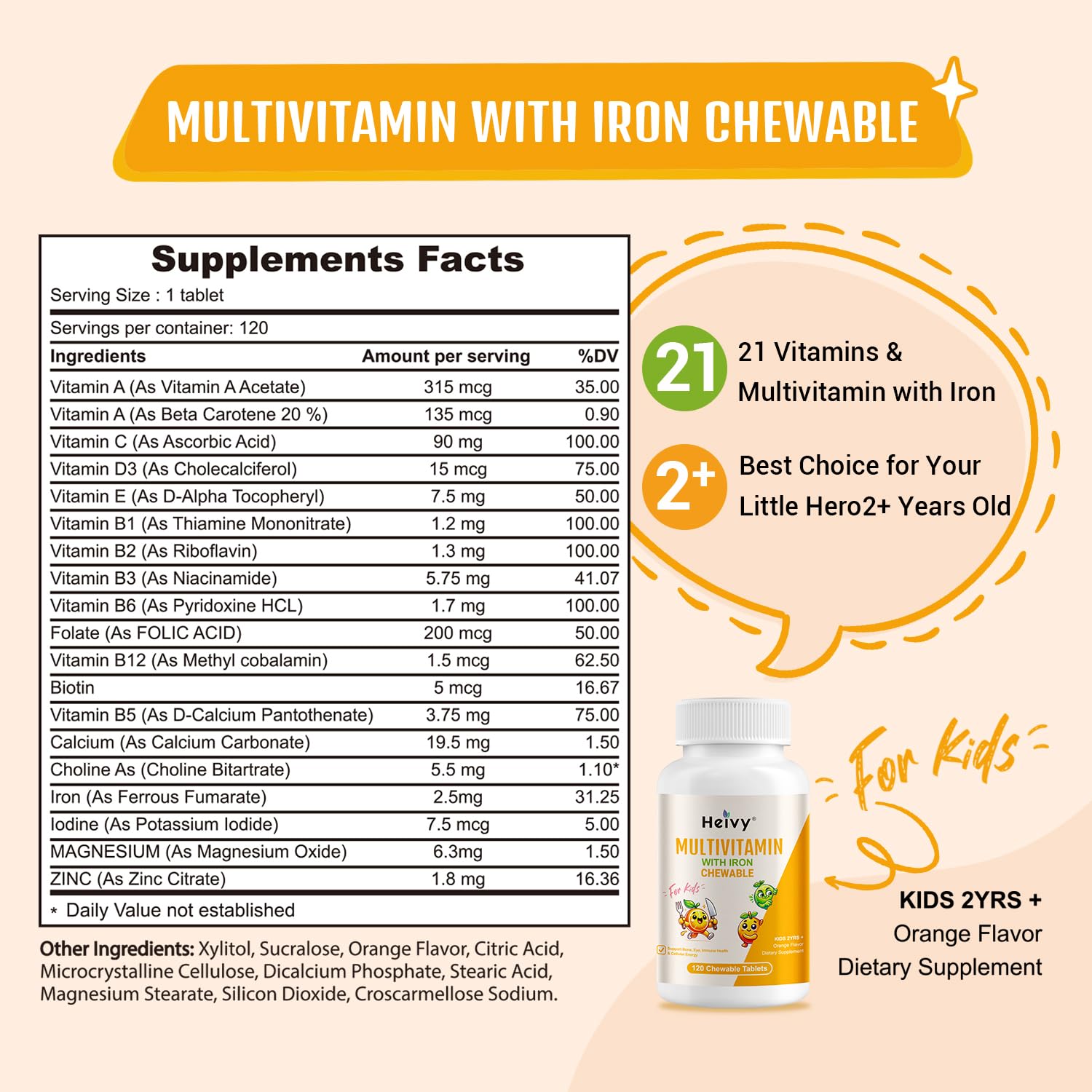 Heivy packaging highlights vitamin D3 and B-complex for daily energy and growth.