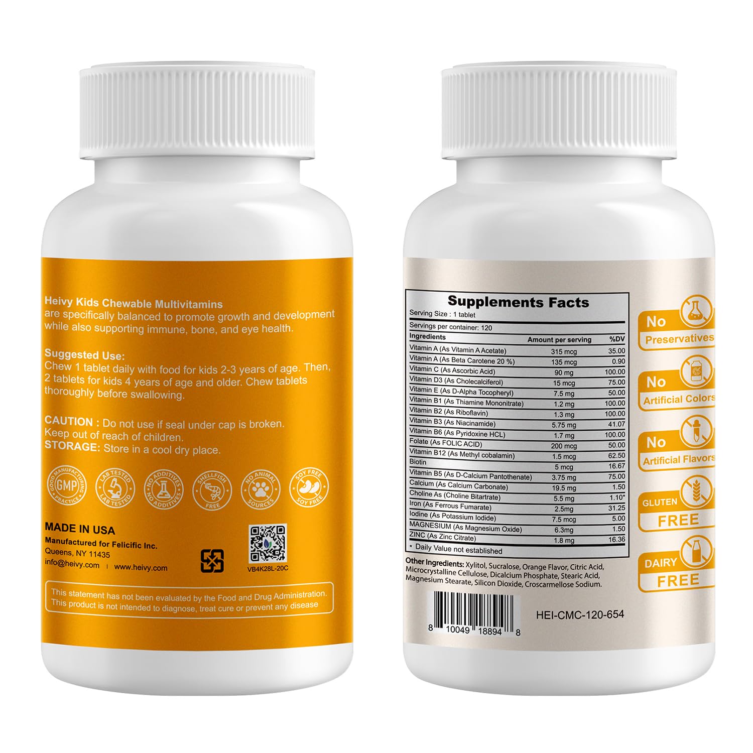 Close-up of Heivy New Children Multivitamin Chewable tablets shows vitamin-rich formula for active kids.