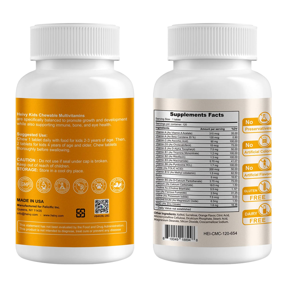 Close-up of Heivy New Children Multivitamin Chewable tablets shows vitamin-rich formula for active kids.