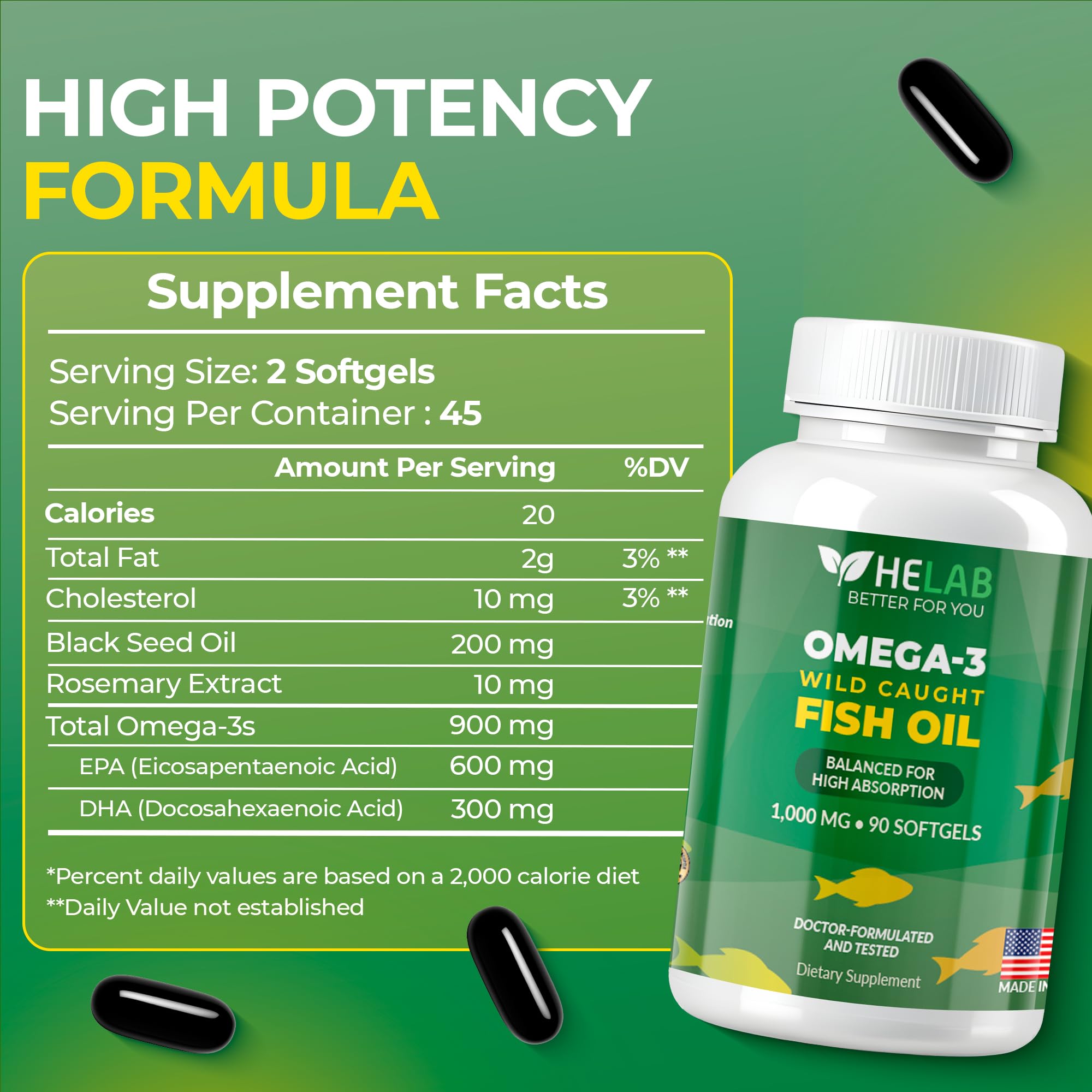 HELAB close-up of omega-3 softgel cap, optimized for freshness.