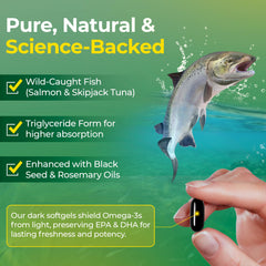 HELAB purified omega-3 capsule close-up showing burpless, low aftertaste.