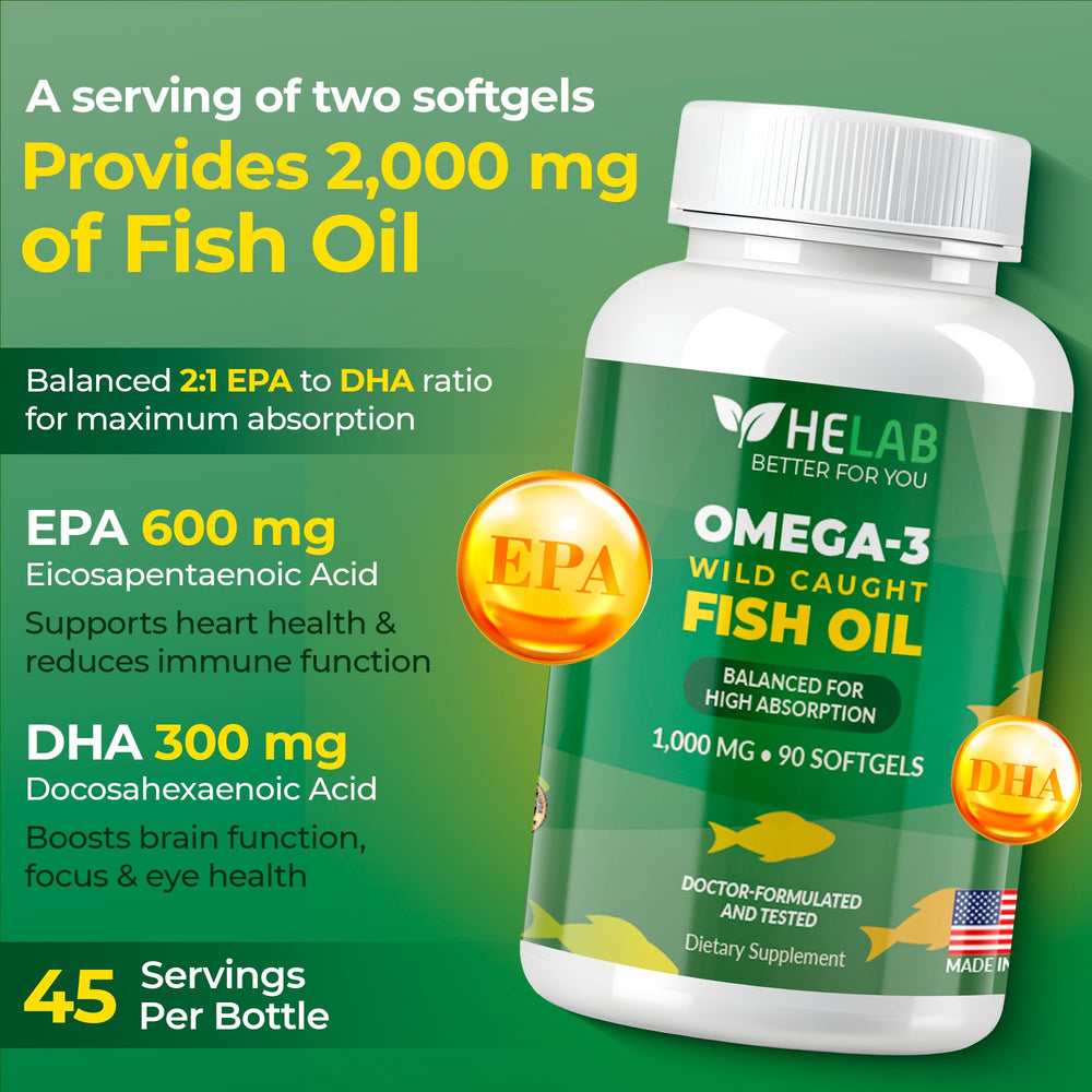 HELAB wild-caught omega-3 oil highlighting sustainable origin and high purity.