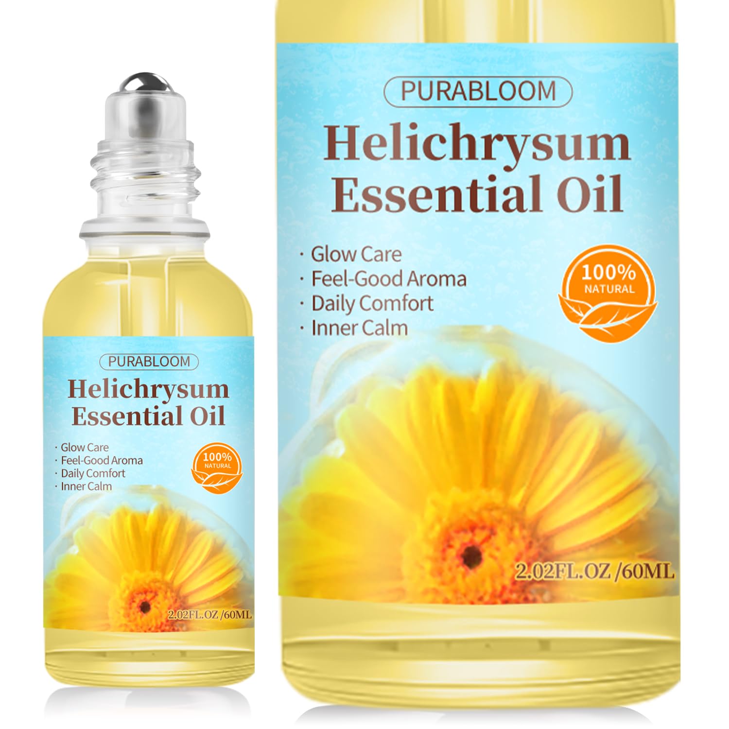 Helichrysum essential oil roll-on bottle pour, ideal for on-the-go skincare.