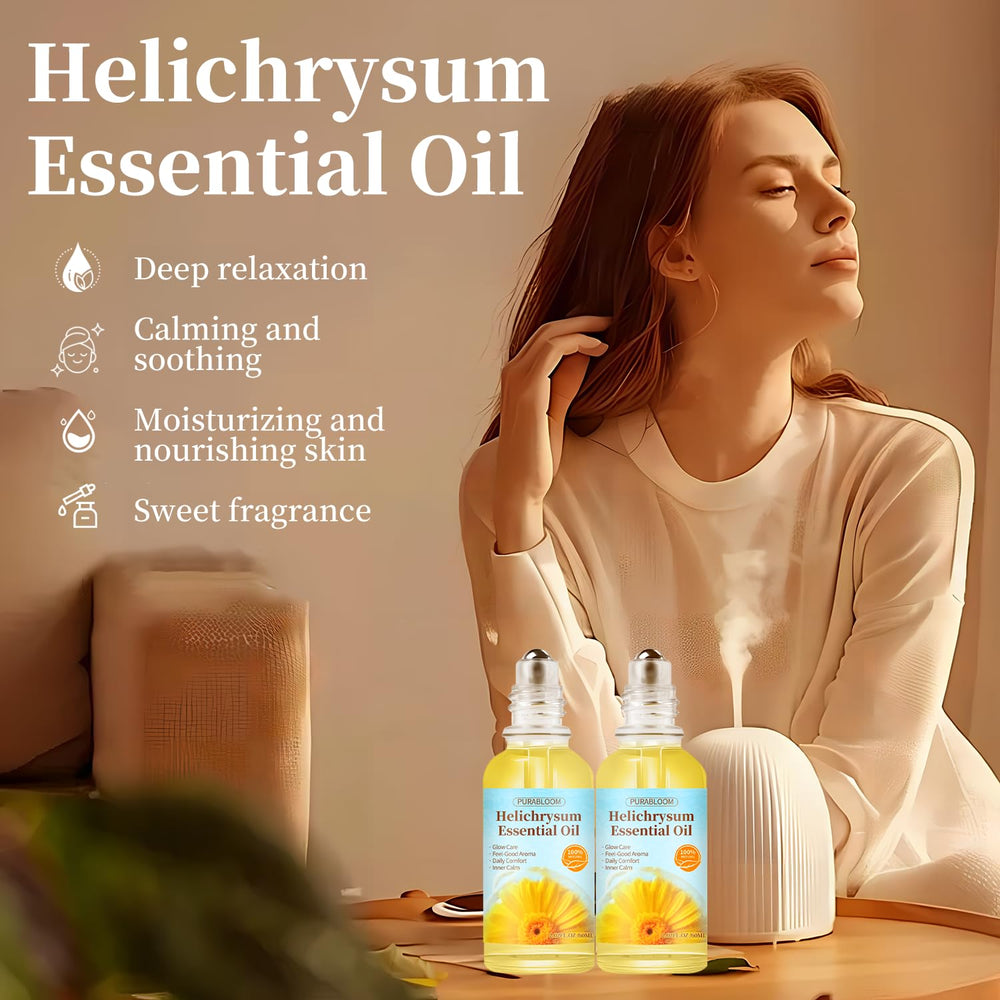 Helichrysum essential oil roll-on cap closeup, secure travel bottle.