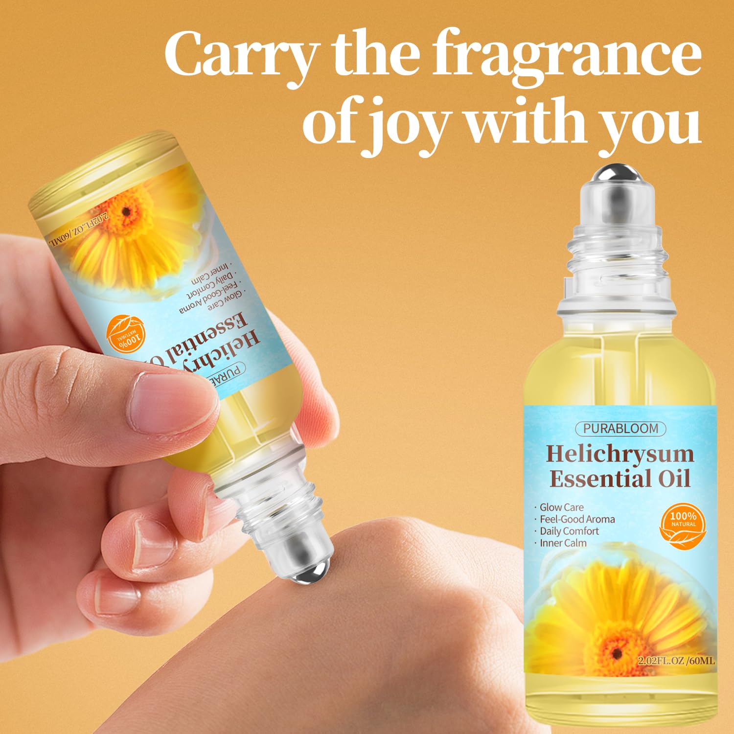 Helichrysum essential oil roll-on skin glow, supports radiant complexion.