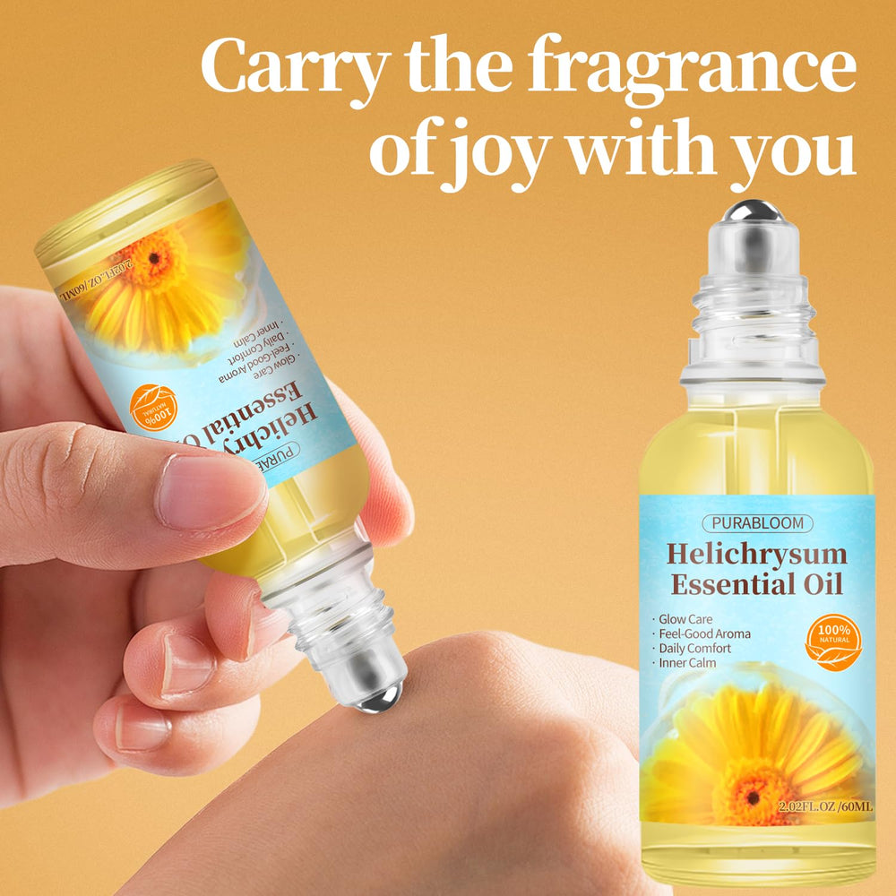 Helichrysum essential oil roll-on skin glow, supports radiant complexion.