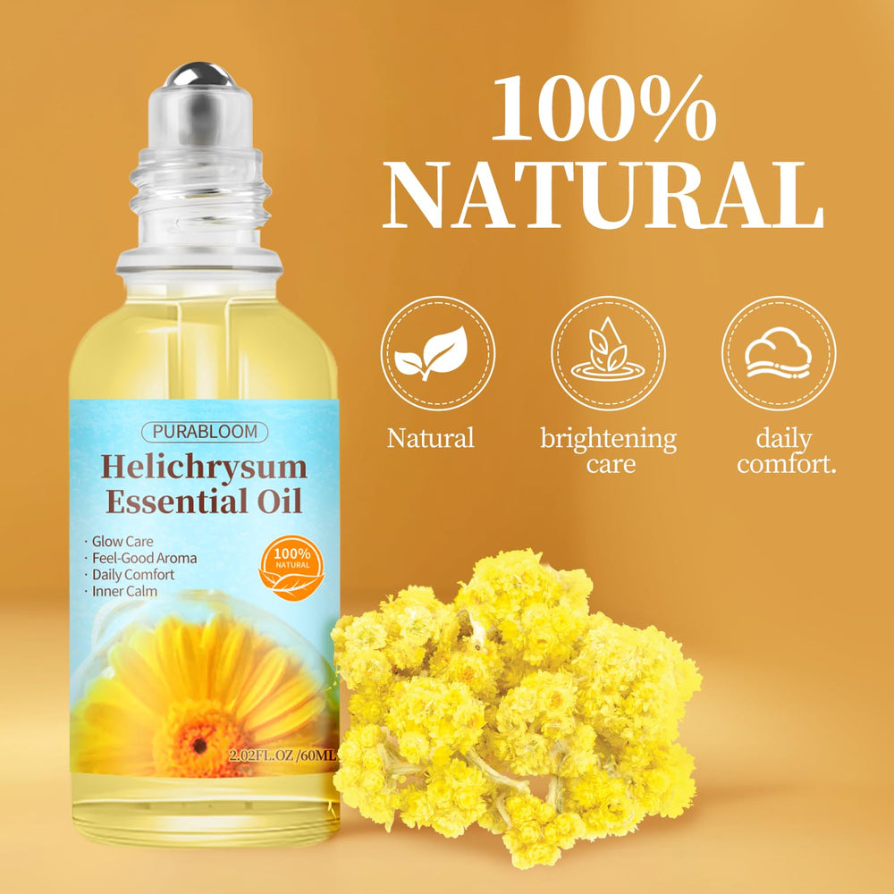 Helichrysum essential oil roll-on travel bottle, compact self-care solution.
