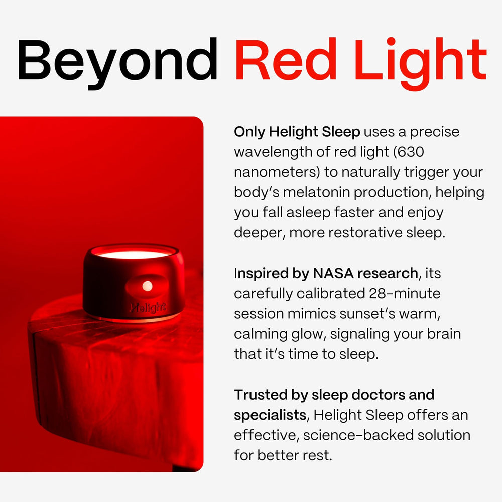 Helight 630nm pure red light close-up shows precise wavelength for sleep cues.
