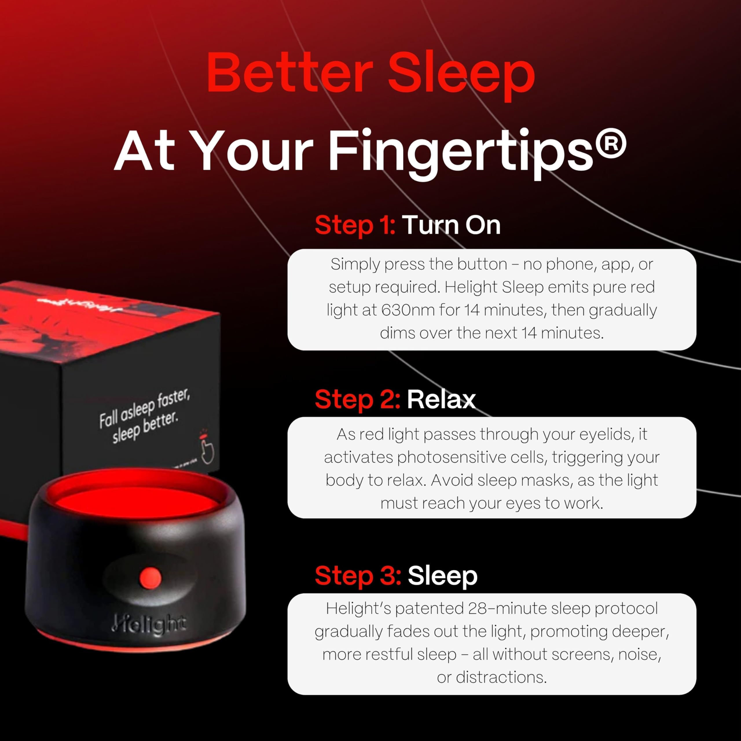 Helight portable red light therapy device with USB C for travel-friendly sleep support.