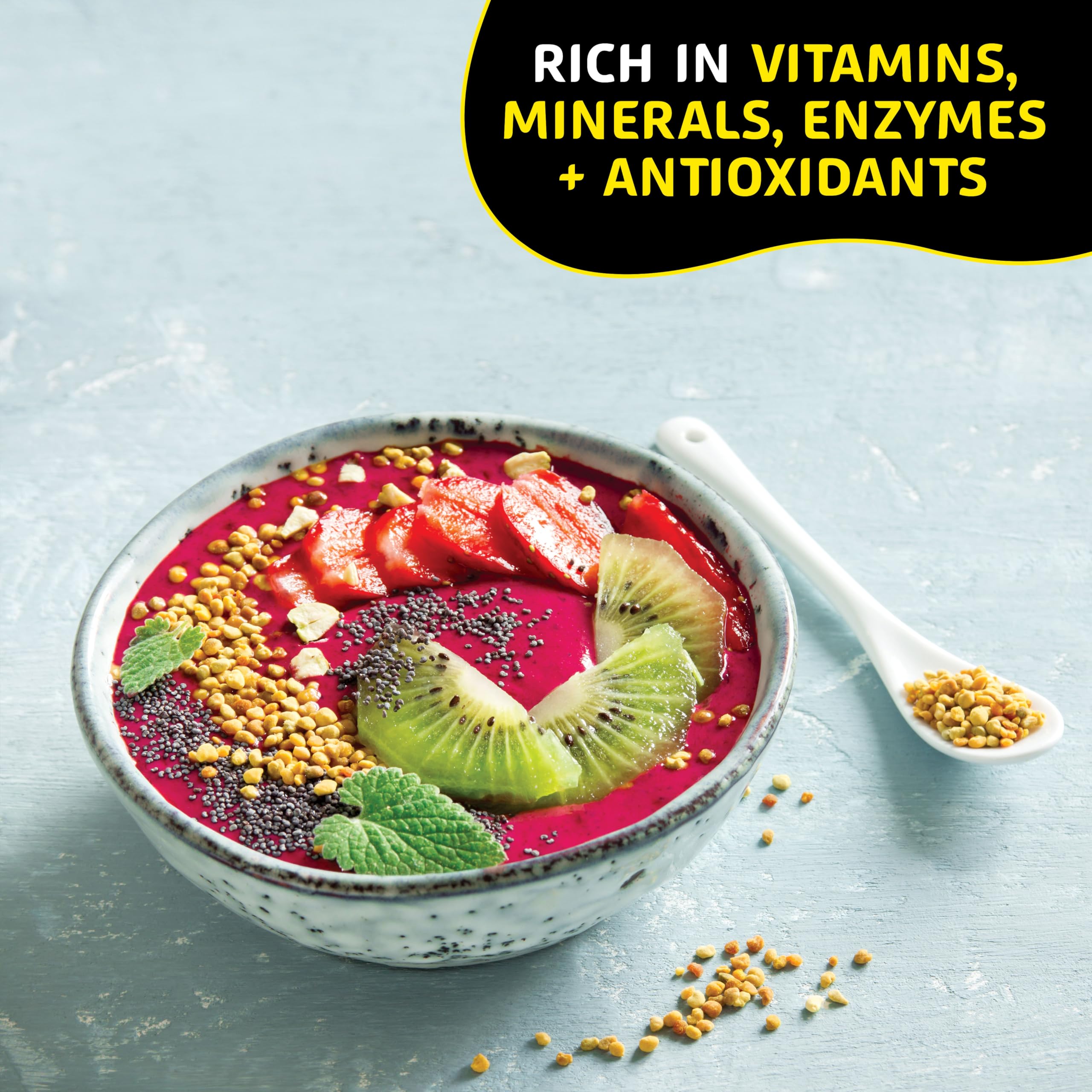 Helio Hives bee pollen granules spread shows natural texture ideal for toppings