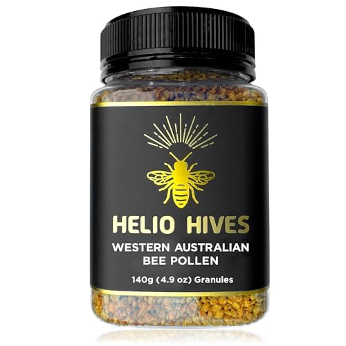 Helio Hives bee pollen jar close-up highlighting premium granules for daily nutrition
