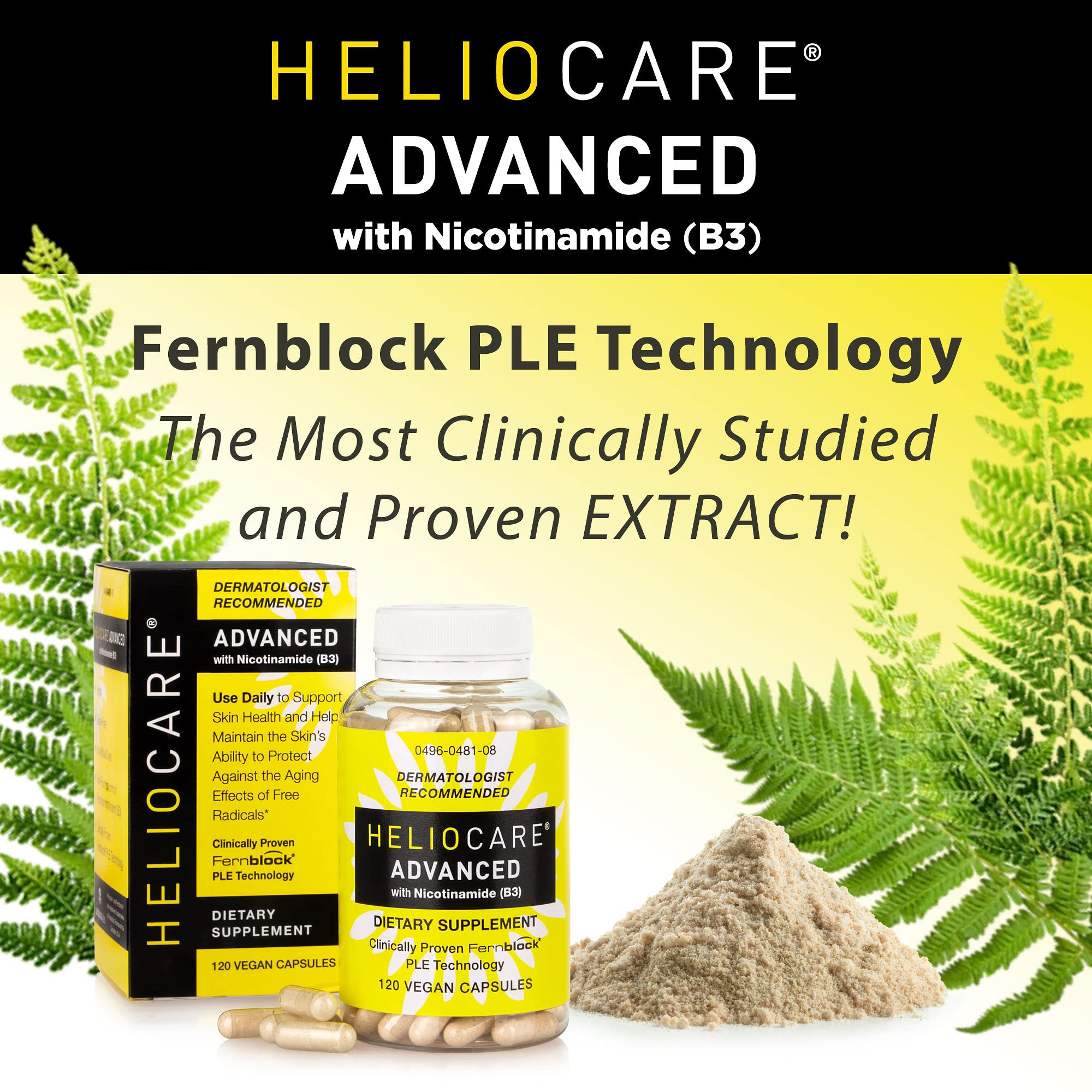 Heliocare bottle close-up highlights Niacin 500 mg per serving.