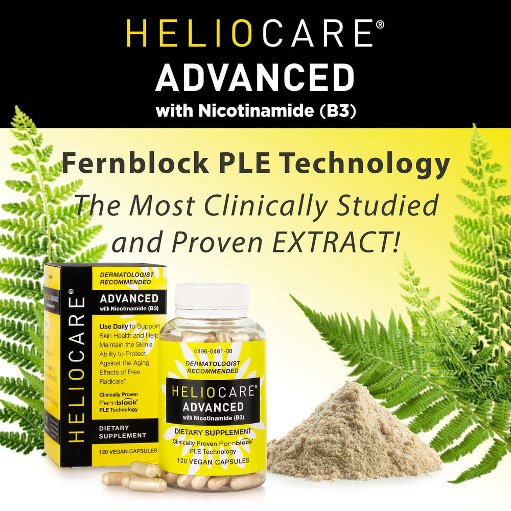 Heliocare bottle close-up highlights Niacin 500 mg per serving.