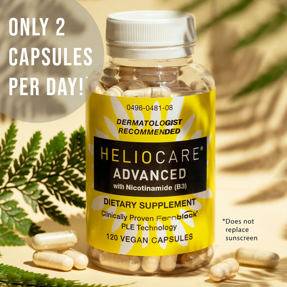 Heliocare packaging and label emphasize serving size and Niacin content.