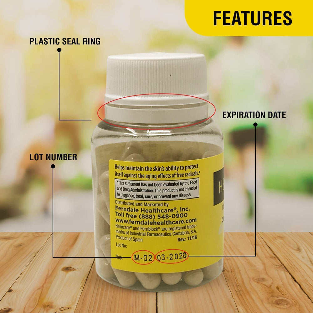 Close-up of Heliocare capsule highlighting Polypodium Leucotomos extract for skin resilience