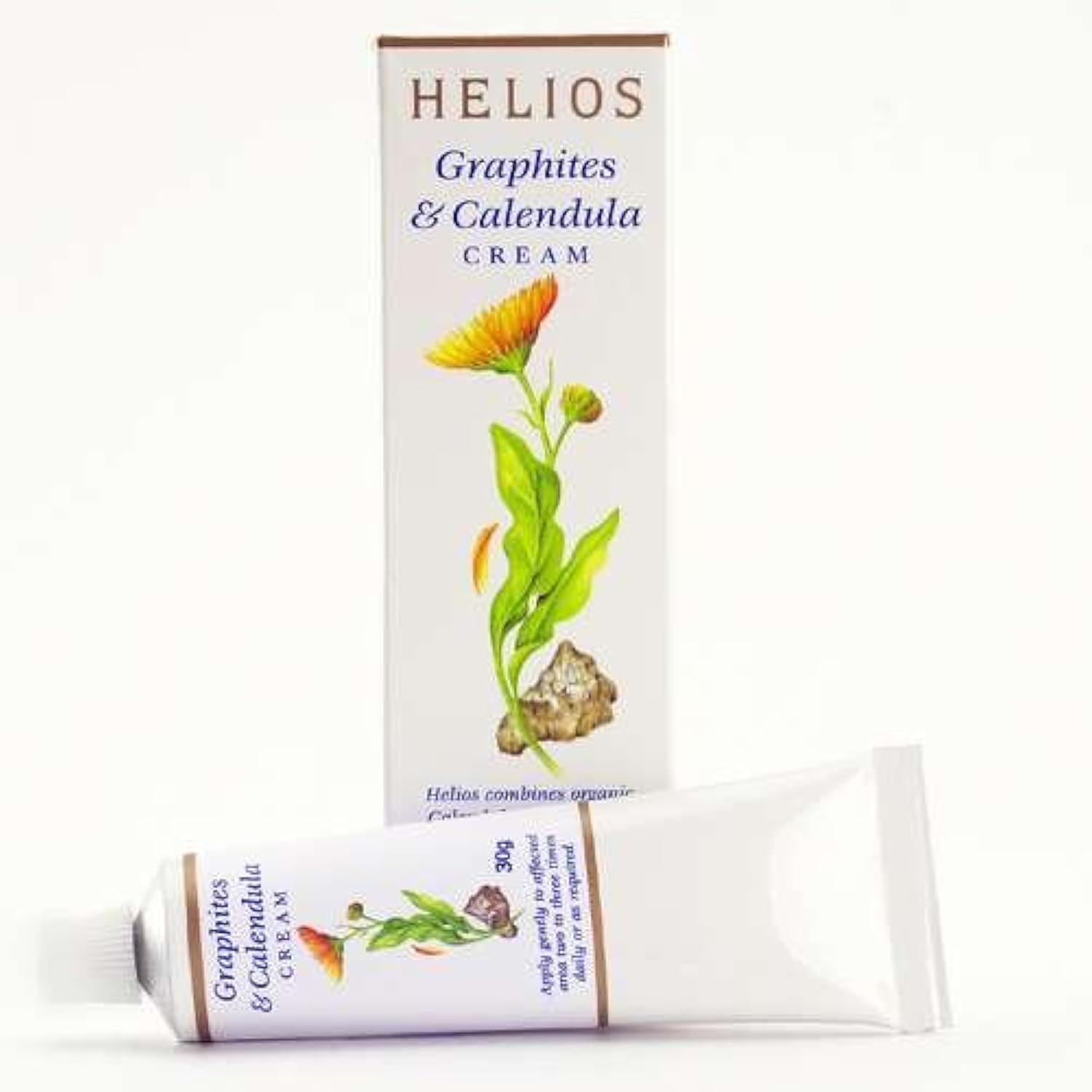 Helios Graphites and Calendula Cream tube, front view, soothing dry skin support.