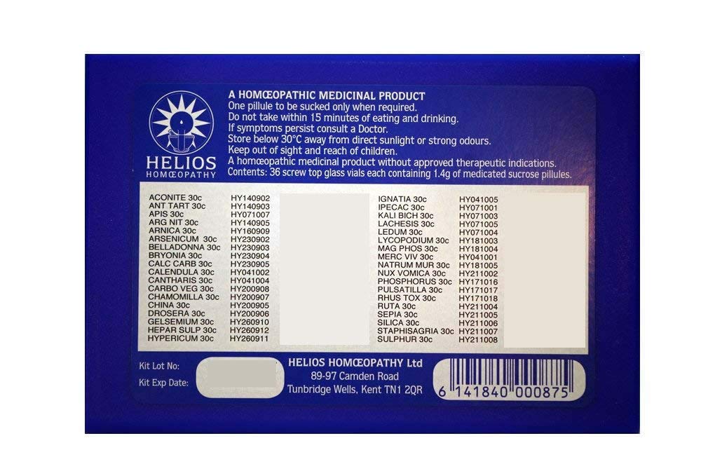 Helios Homeopathy 36 compact palm-sized medicine chest for home storage.