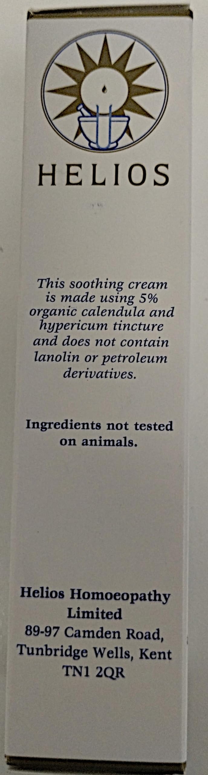 Helios product label on tube, clean design signals natural formulation