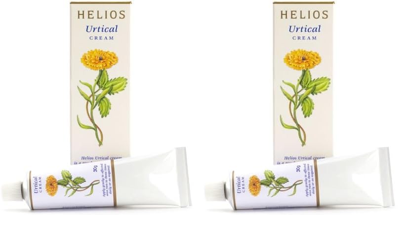Helios Urtical Cream pack of 2 tubes displayed for convenient skin comfort application.