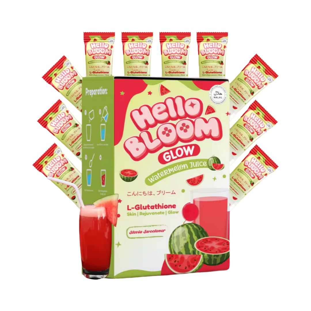 Hello Bloom Glow Watermelon powder drink sachet offering refreshing hydration for skin routines.