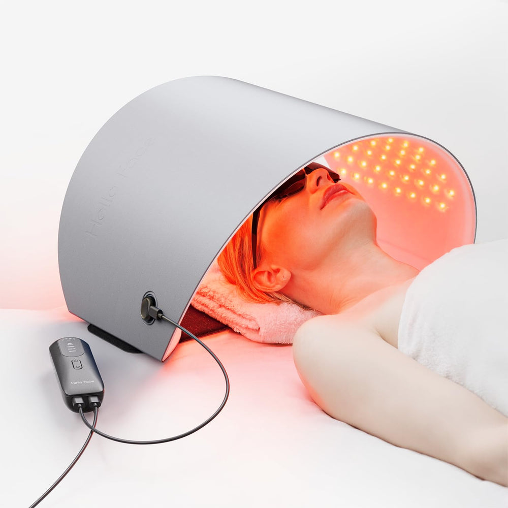 Hello Face red-light therapy mask front view for at-home facial rejuvenation.