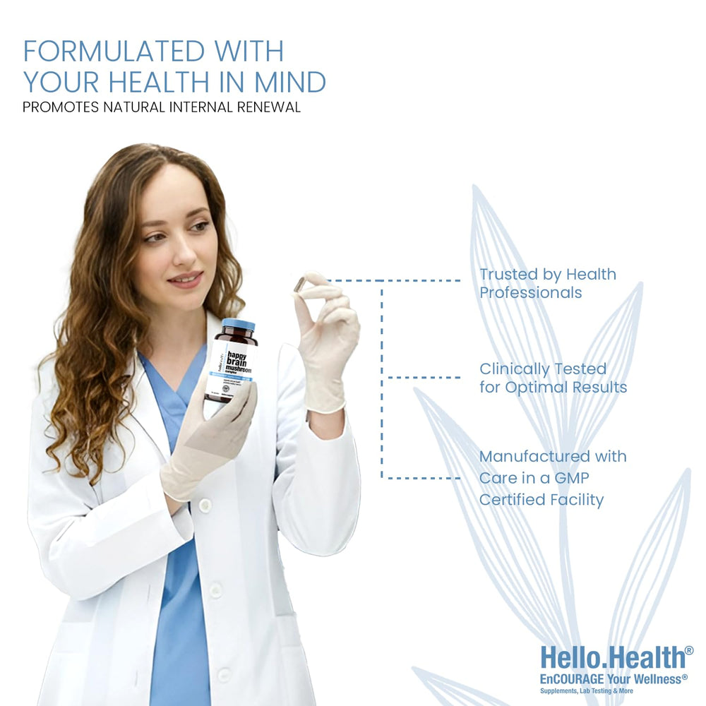 HELLO HEALTH Happy Brain capsules arranged for easy daily use.
