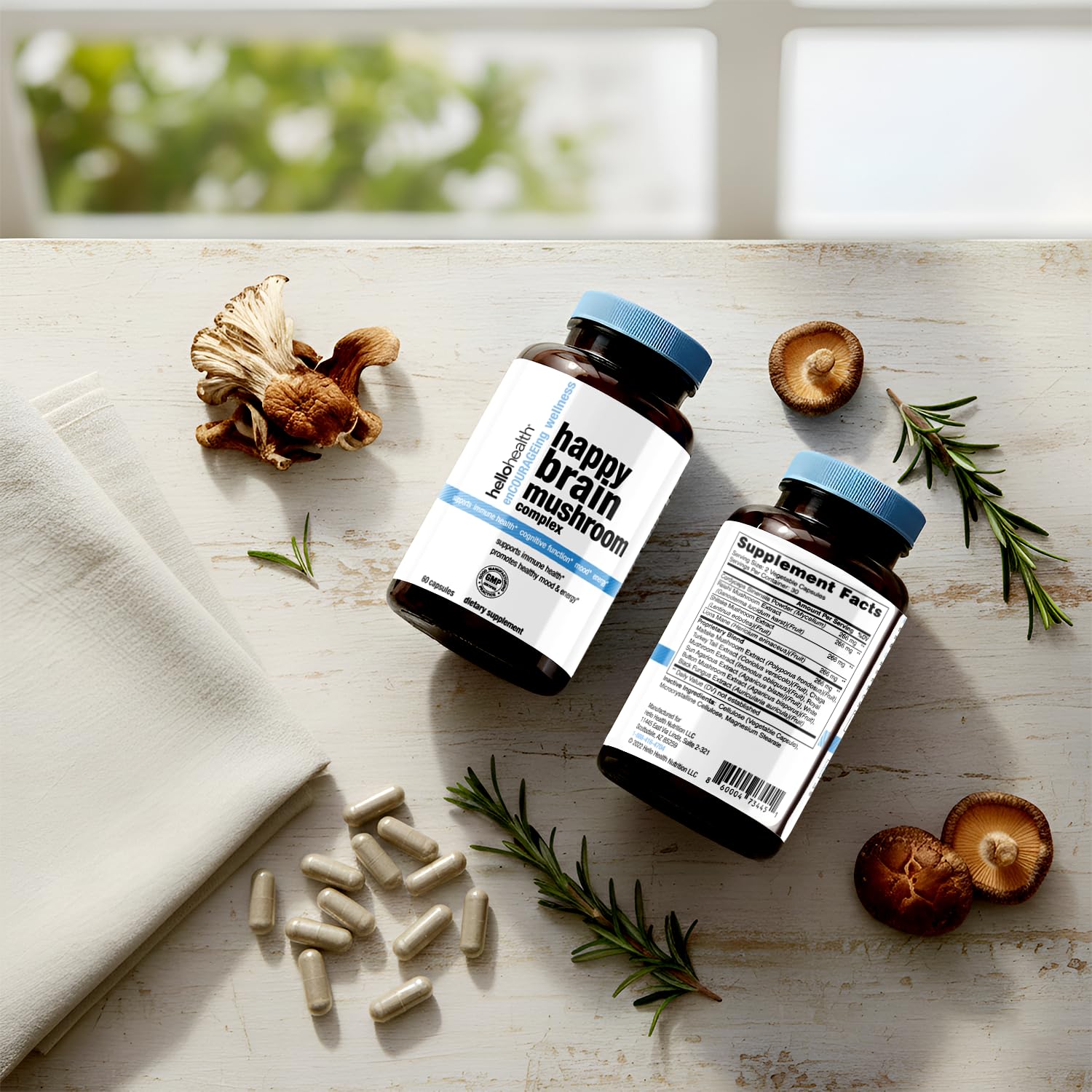HELLO HEALTH Happy Brain Cordyceps accent suggesting natural energy support.