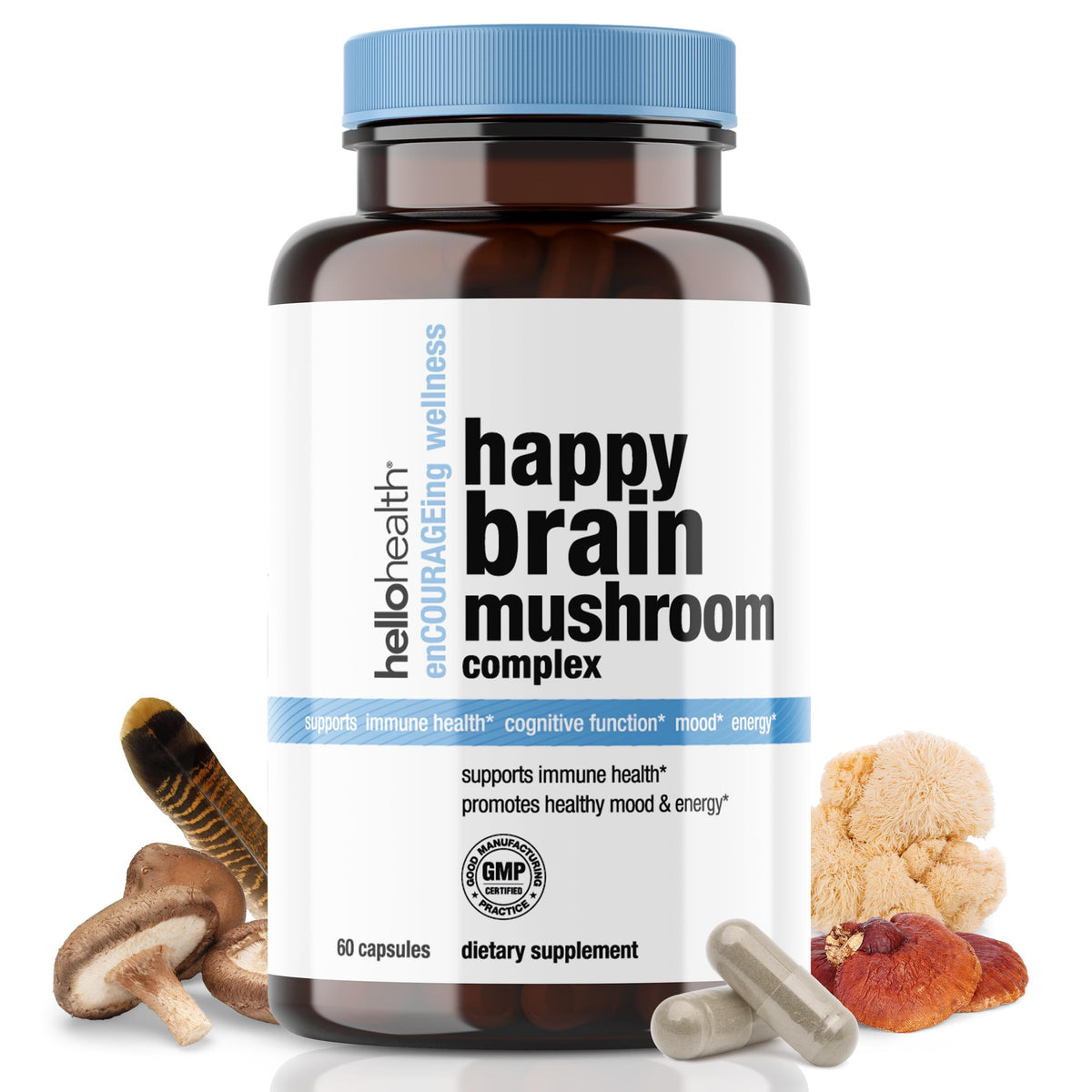 HELLO HEALTH Happy Brain bottle front with capsules for daily brain support.