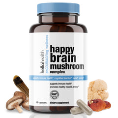HELLO HEALTH Happy Brain bottle front with capsules for daily brain support.