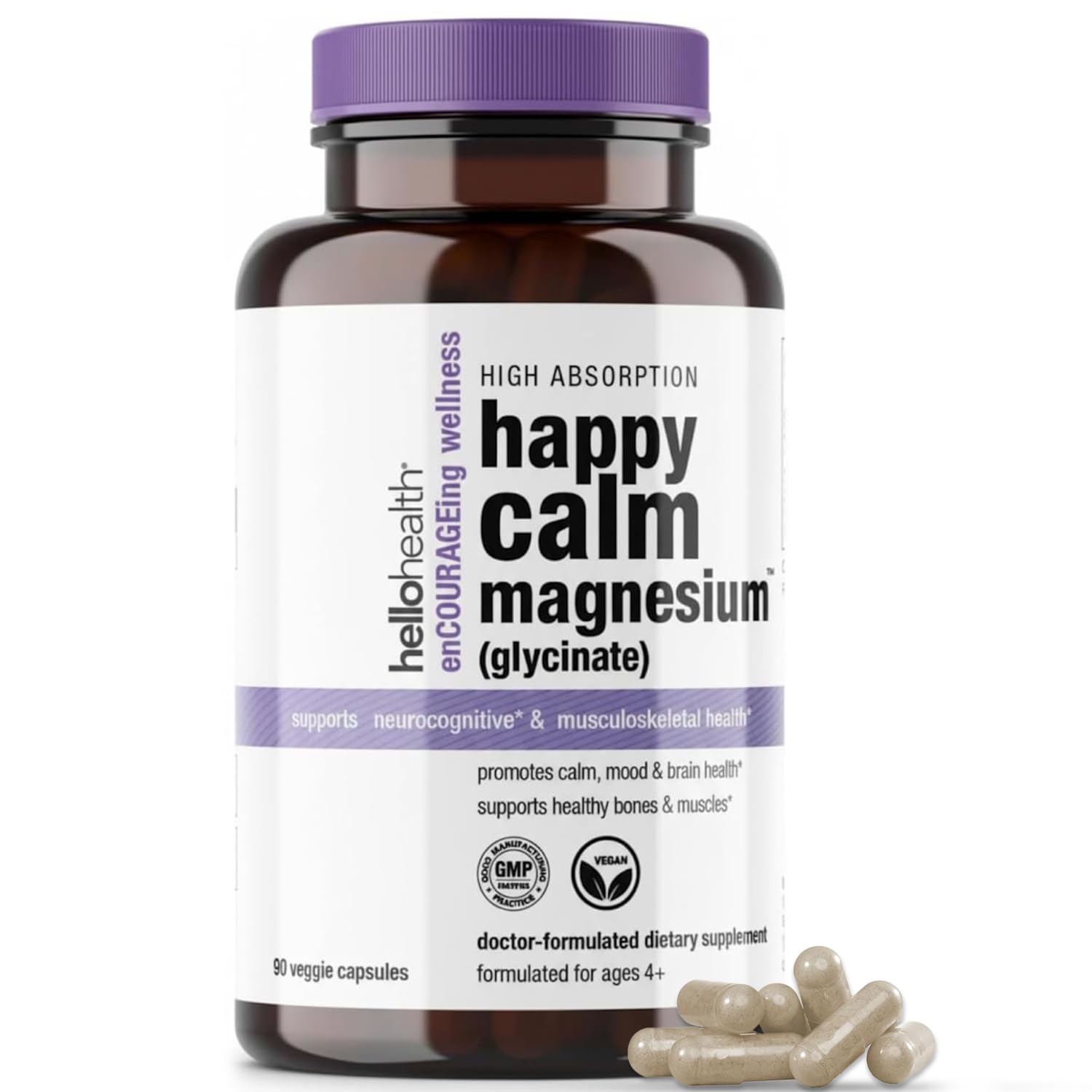 HELLO HEALTH Magnesium Glycinate bottle close-up highlighting high-absorption formula