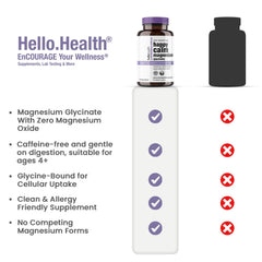 HELLO HEALTH Magnesium Glycinate bottle with glass of water for night dose
