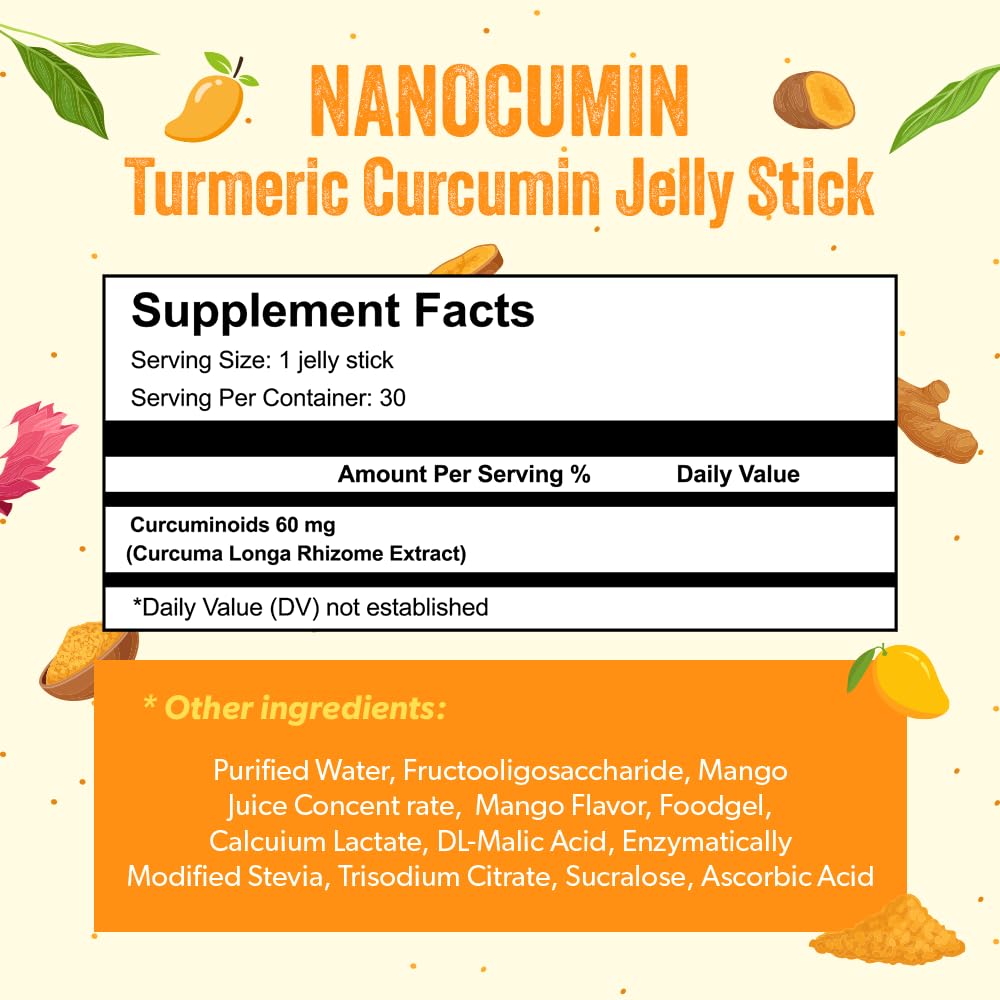 HELLO KFOOD Nanocumin jelly-stick mango label clearly shows ingredients and curcumin content.