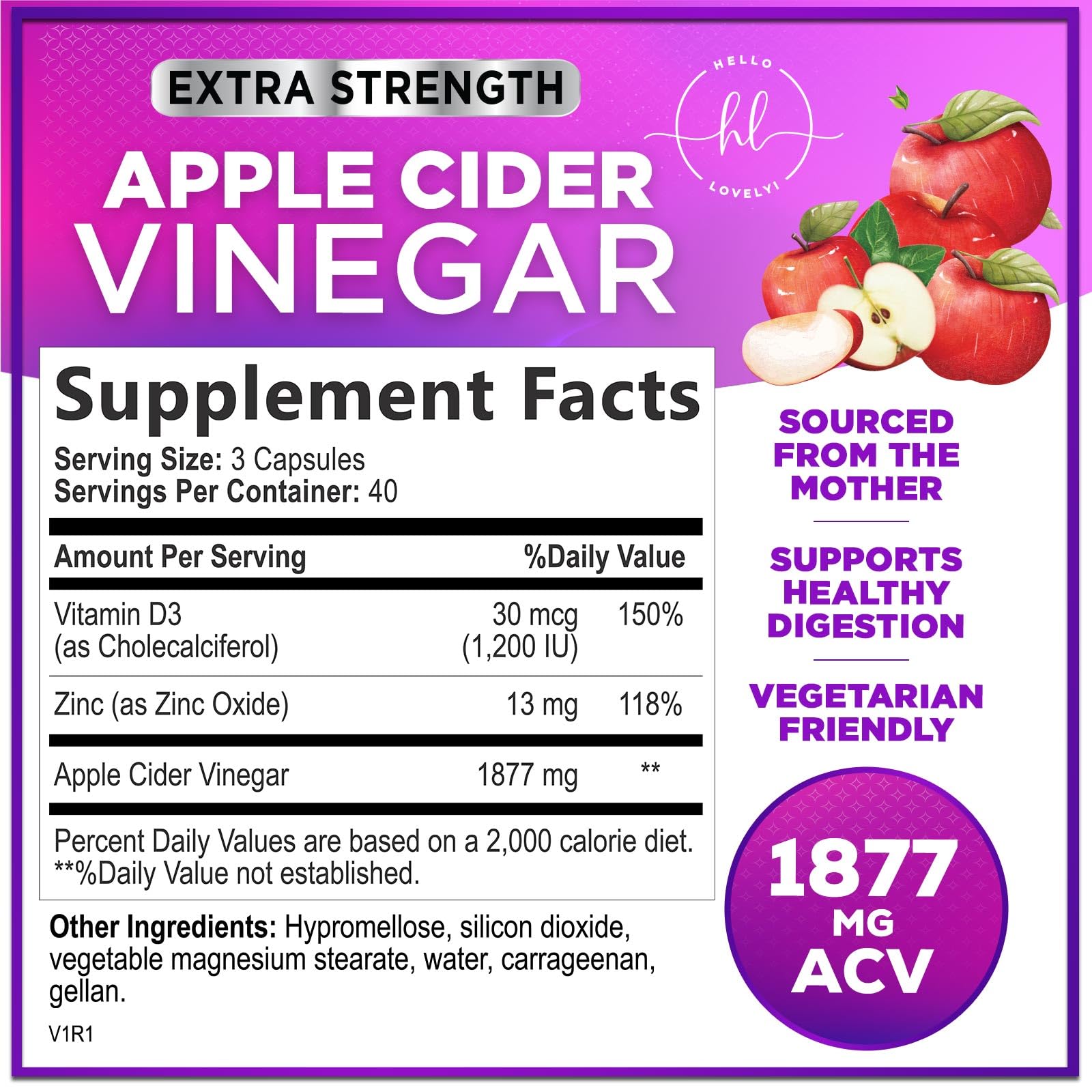 Close-up of Hello Lovely ACV capsules with Vitamin D3 and Zinc for immune-friendly routine
