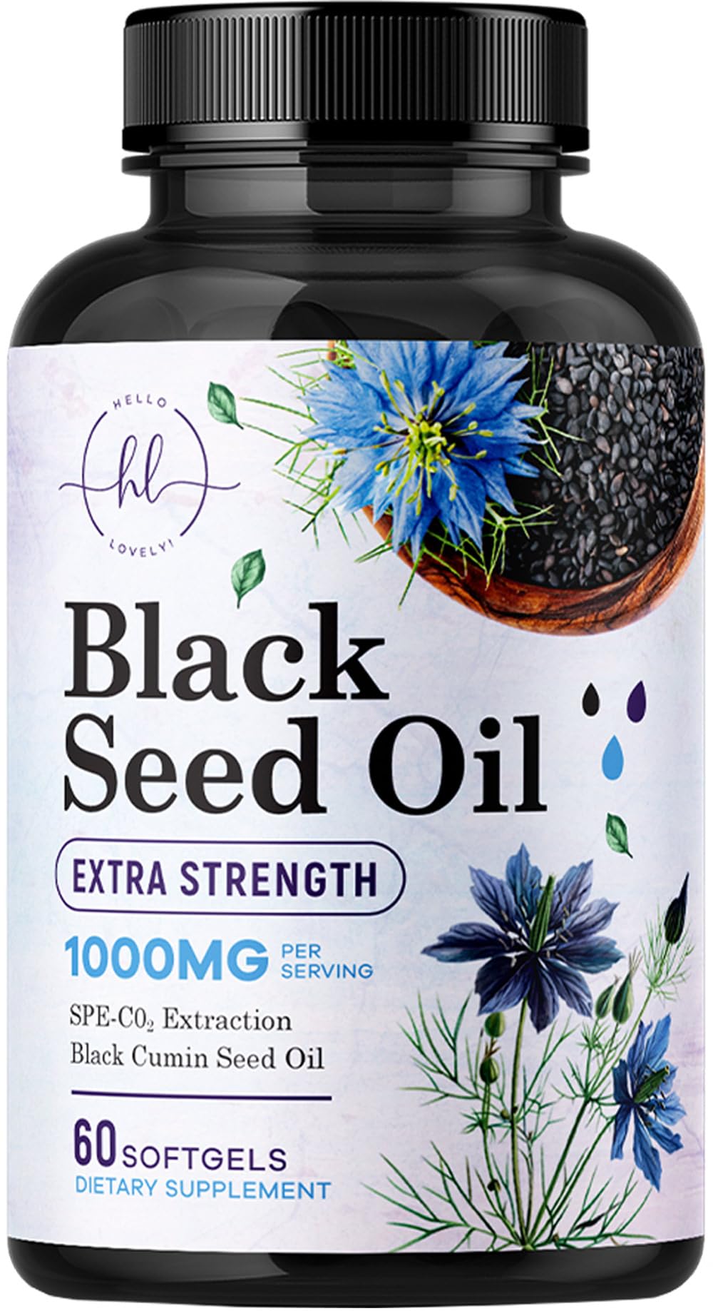 Hello Lovely black seed oil softgels bottle for daily immune support and skin wellness.
