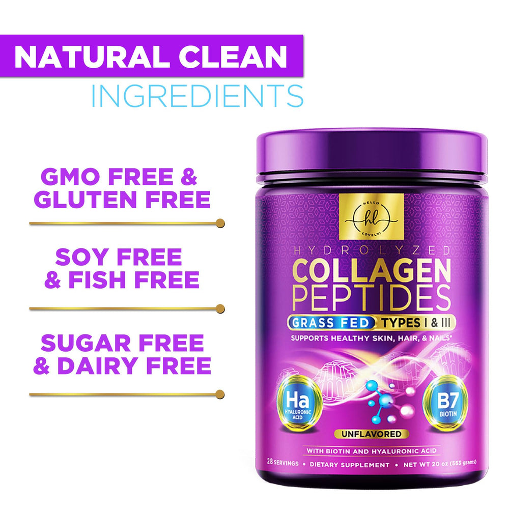 Hello Lovely! 28 servings label with scoop illustrates convenient daily dosing.