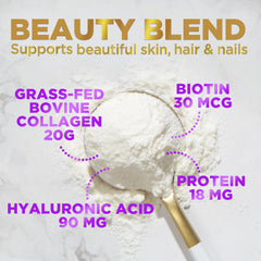 Hello Lovely! collagen powder label close-up highlights hyaluronic acid and biotin for potential skin and hair support.