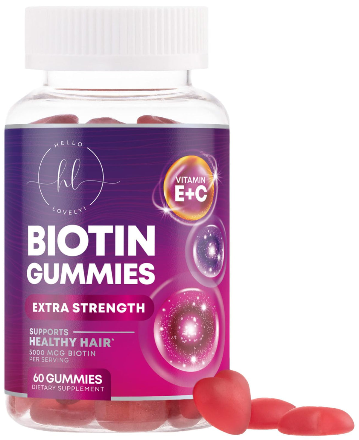 Hello Lovely Hair Vitamins bottle front with biotin-rich formula for hair nourishment