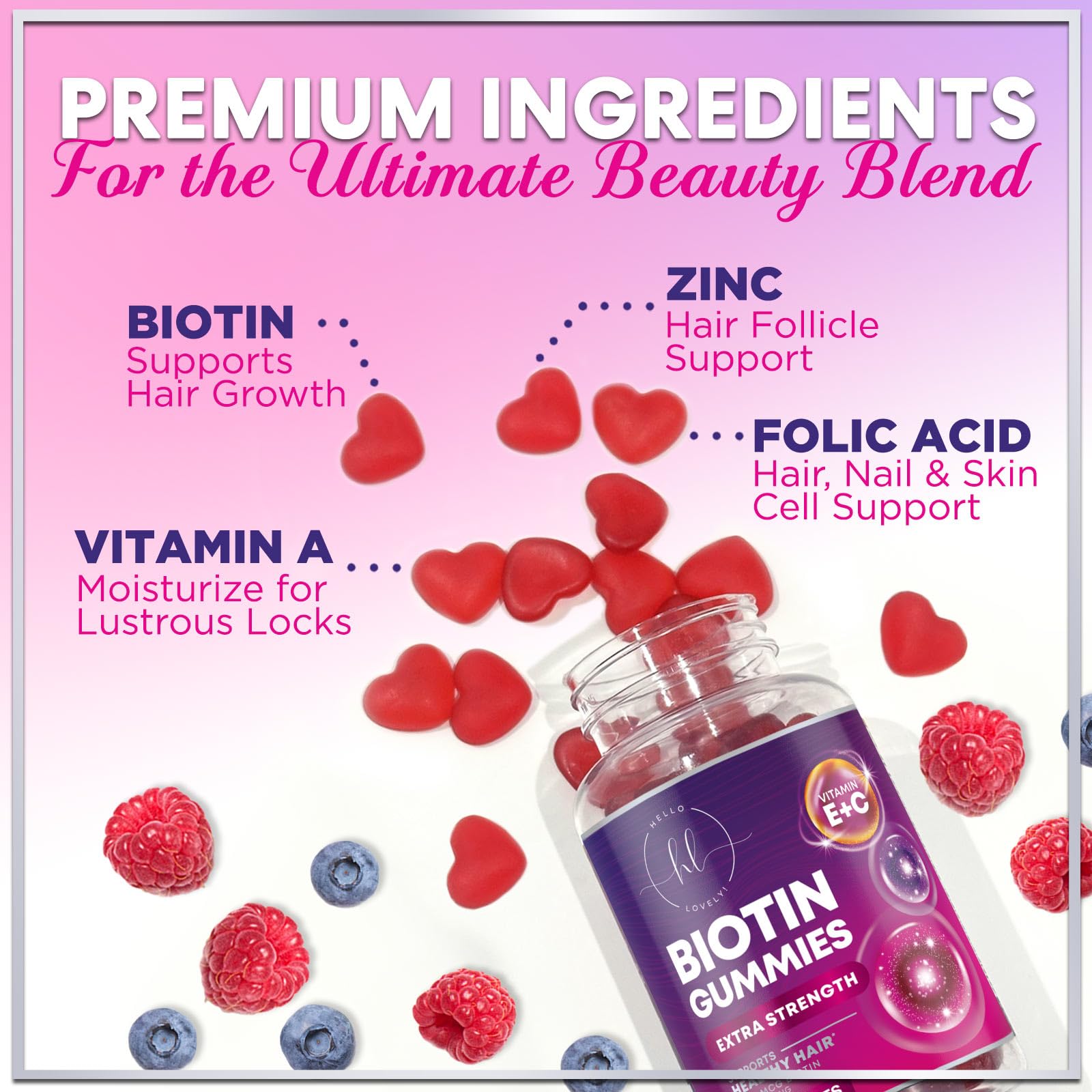 Hello Lovely packaging and label featuring gluten-free and non-GMO hair supplement