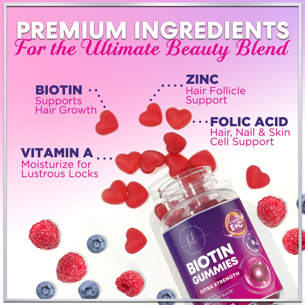 Hello Lovely packaging and label featuring gluten-free and non-GMO hair supplement
