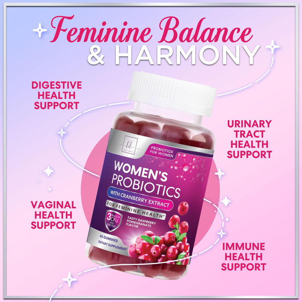 Hello Lovely Probiotics for Women Cranberry bottle pour suggests easy chewable gummies.