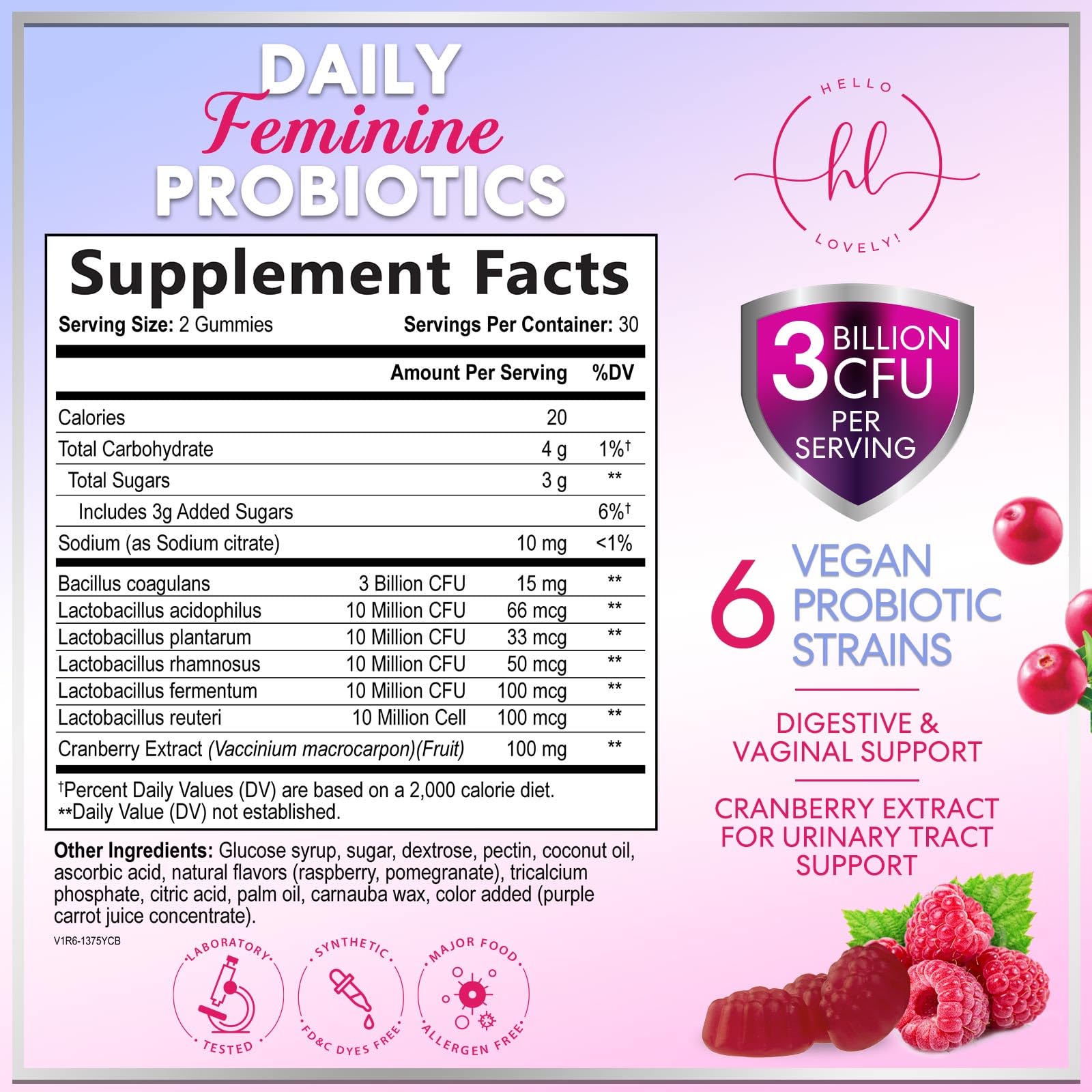 Hello Lovely Probiotics for Women Cranberry gummies highlight convenient daily intake.