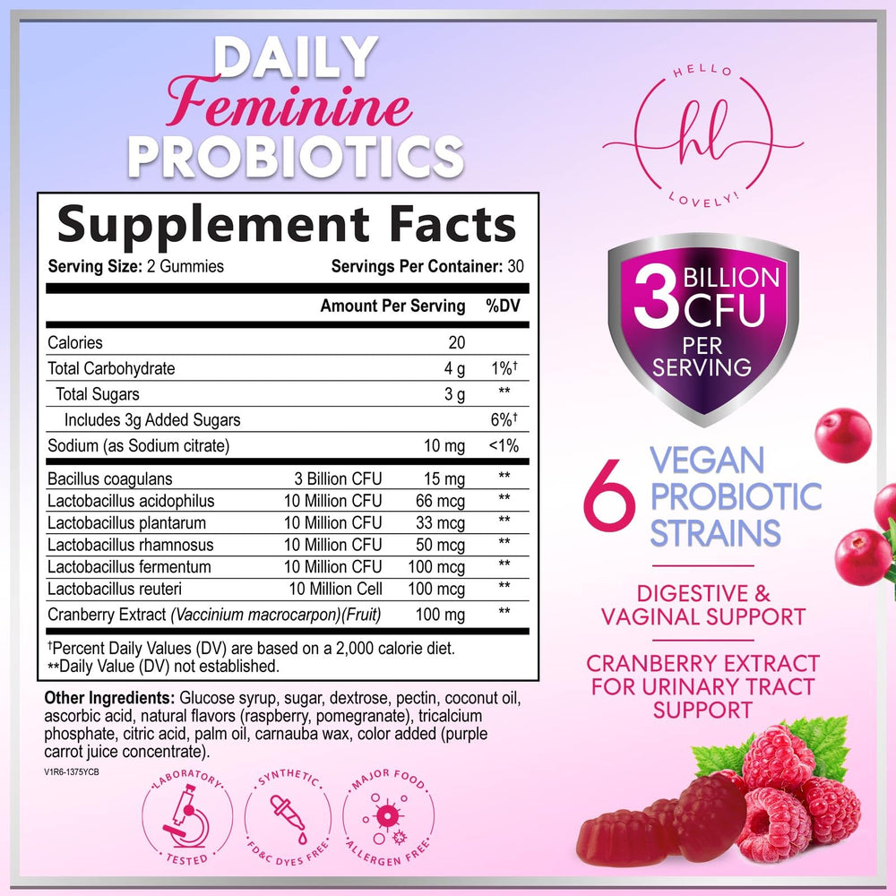 Hello Lovely Probiotics for Women Cranberry gummies highlight convenient daily intake.