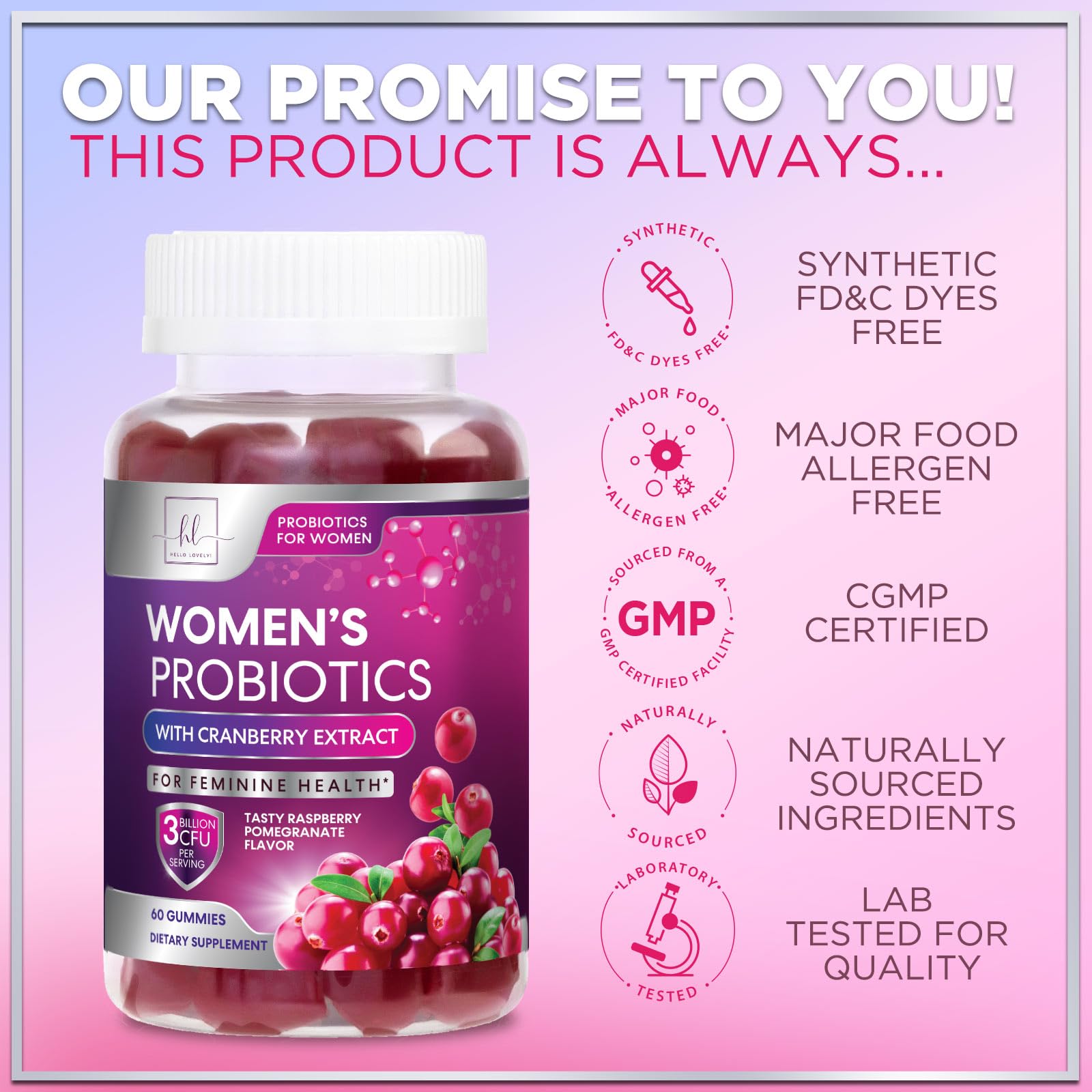 Hello Lovely Probiotics for Women Cranberry label focuses on six premium strains.
