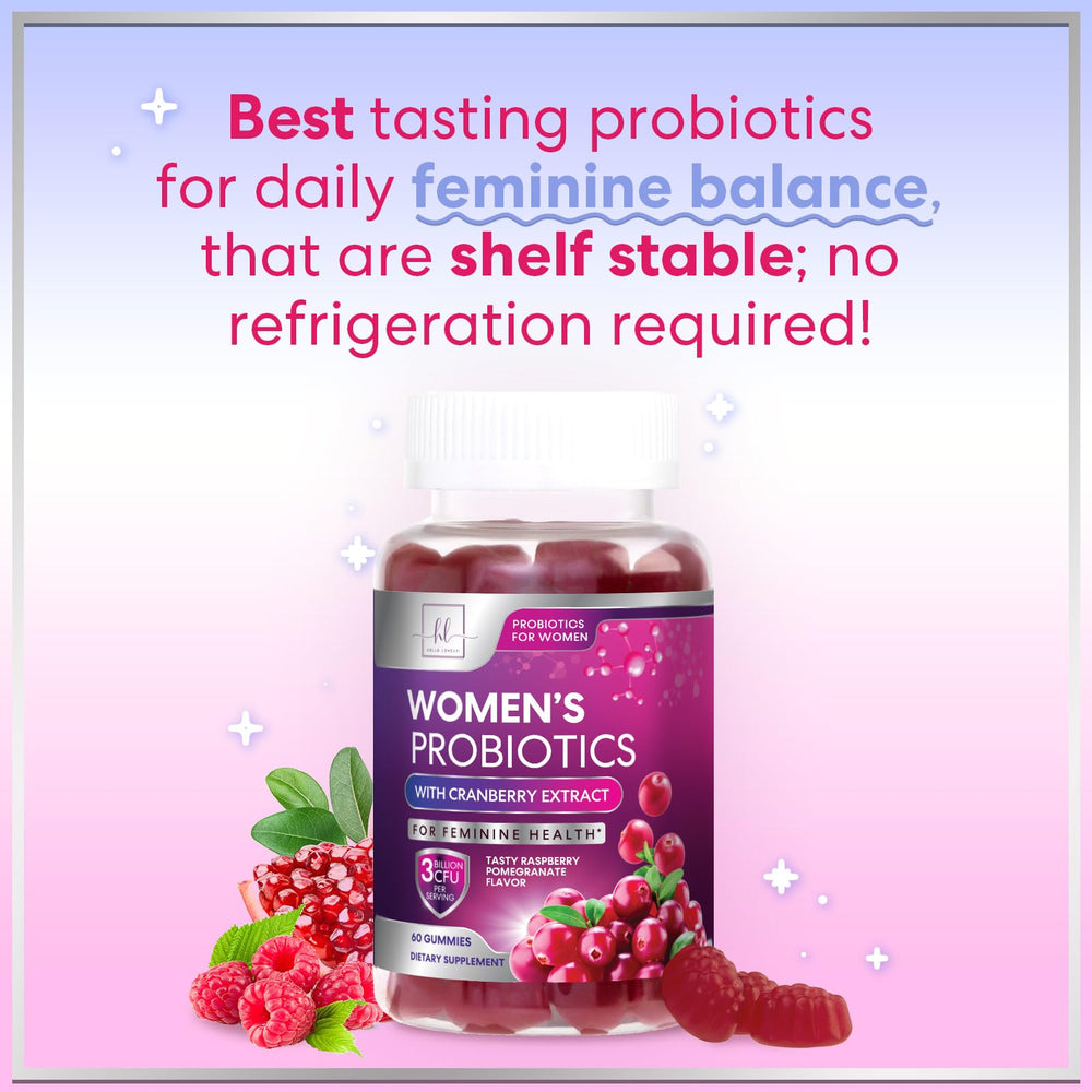 Hello Lovely Probiotics for Women Cranberry bottle on stand for feminine health routine.