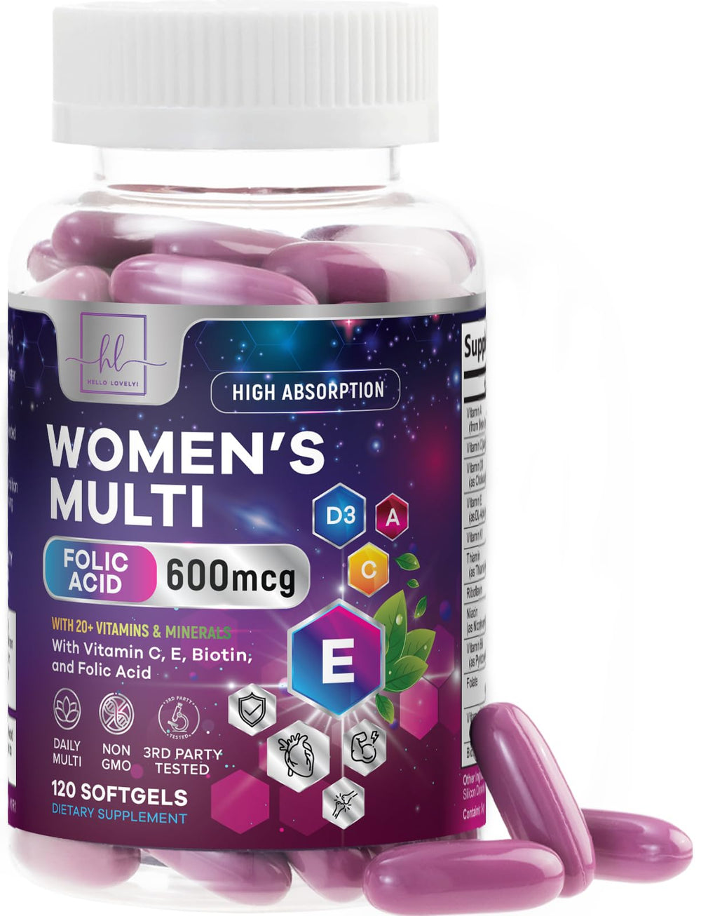 Hello Lovely! women’s multivitamin bottle with complete daily nutrients for wellness.