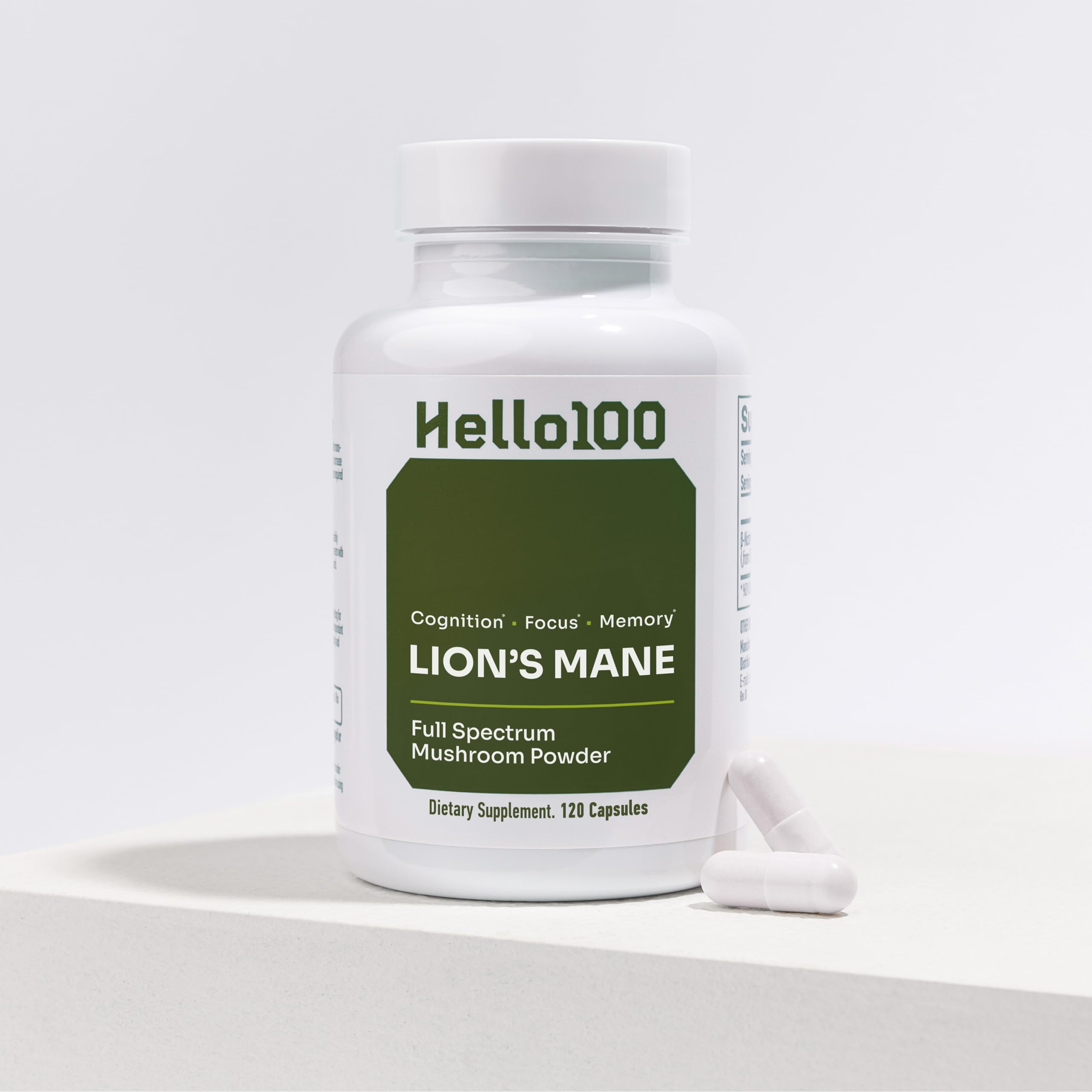 HELLO100 Lion’s Mane 1000mg bottle front view signaling brain health support.