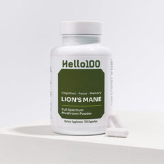 HELLO100 Lion’s Mane 1000mg bottle front view signaling brain health support.