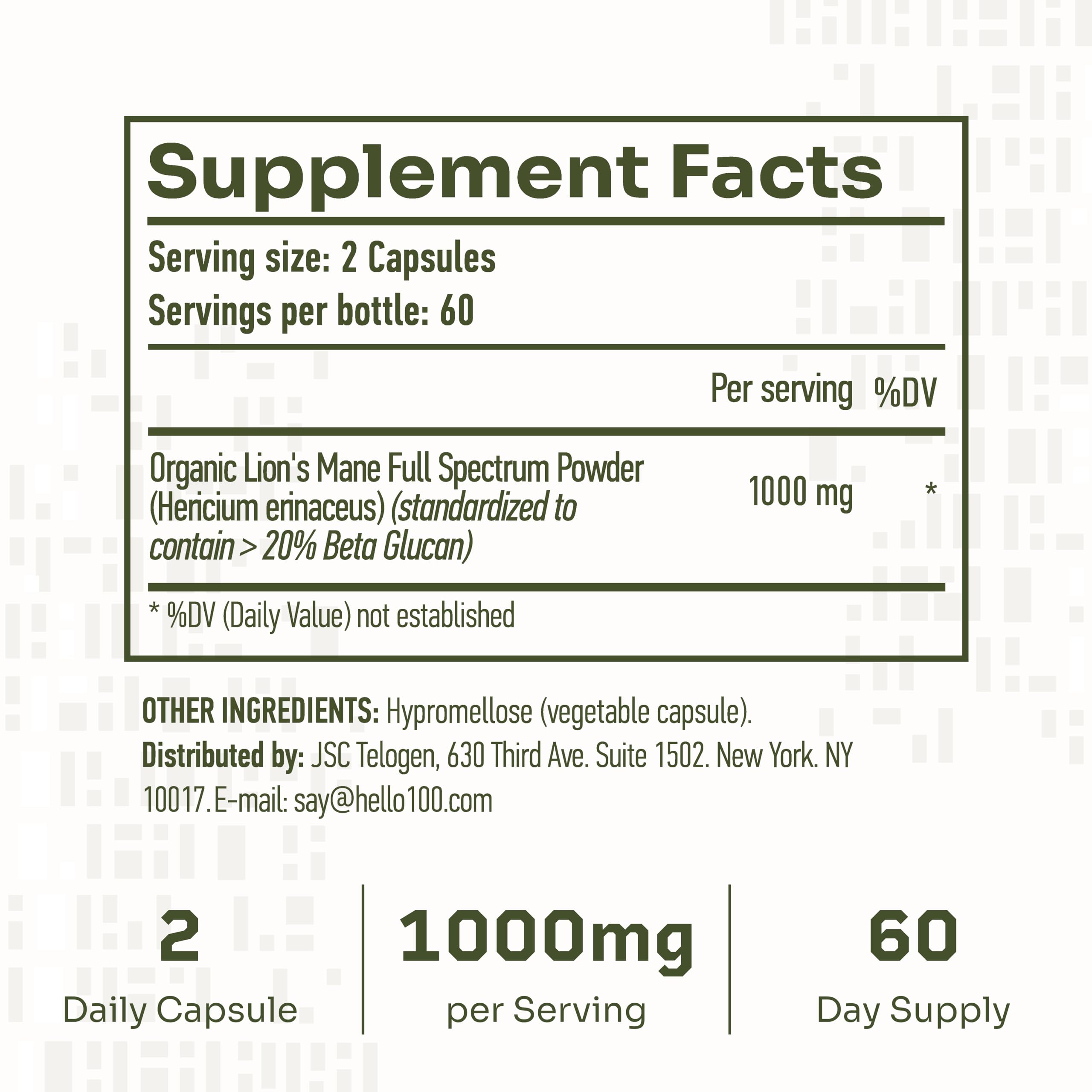 Closeup of HELLO100 Lion’s Mane capsules highlighting cognitive focus potential.