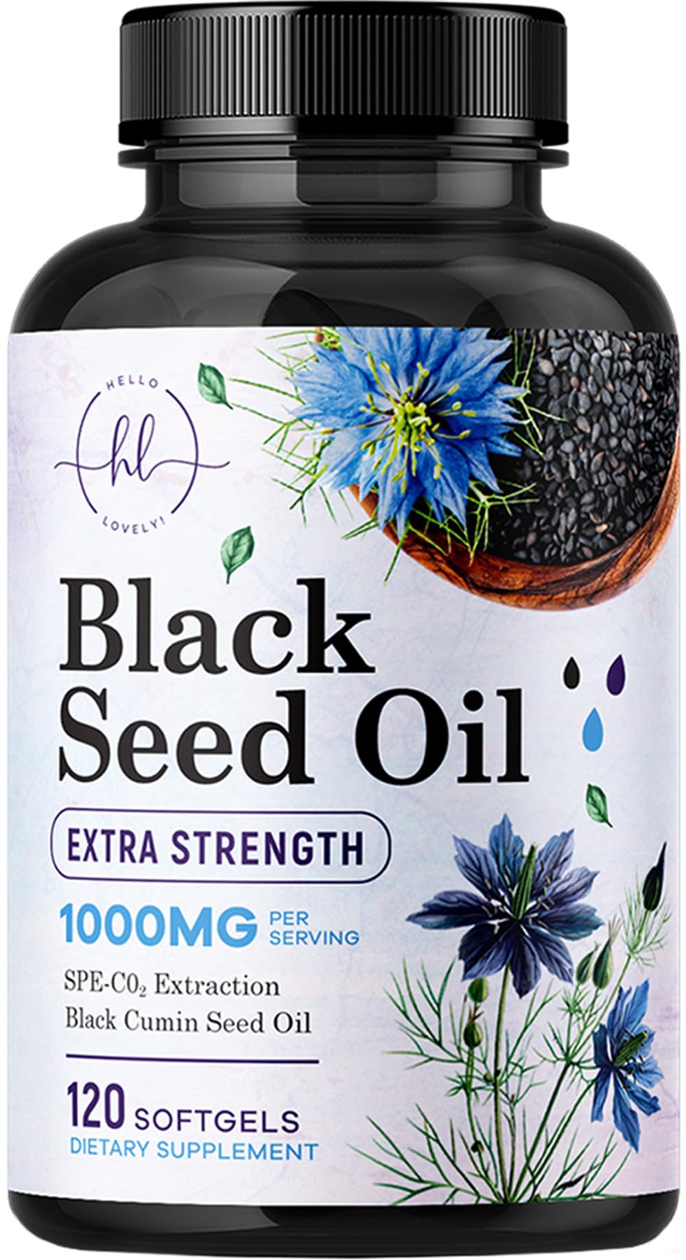 Hello Lovely Black Seed Oil Softgels 1000mg bottle front view for daily wellness.