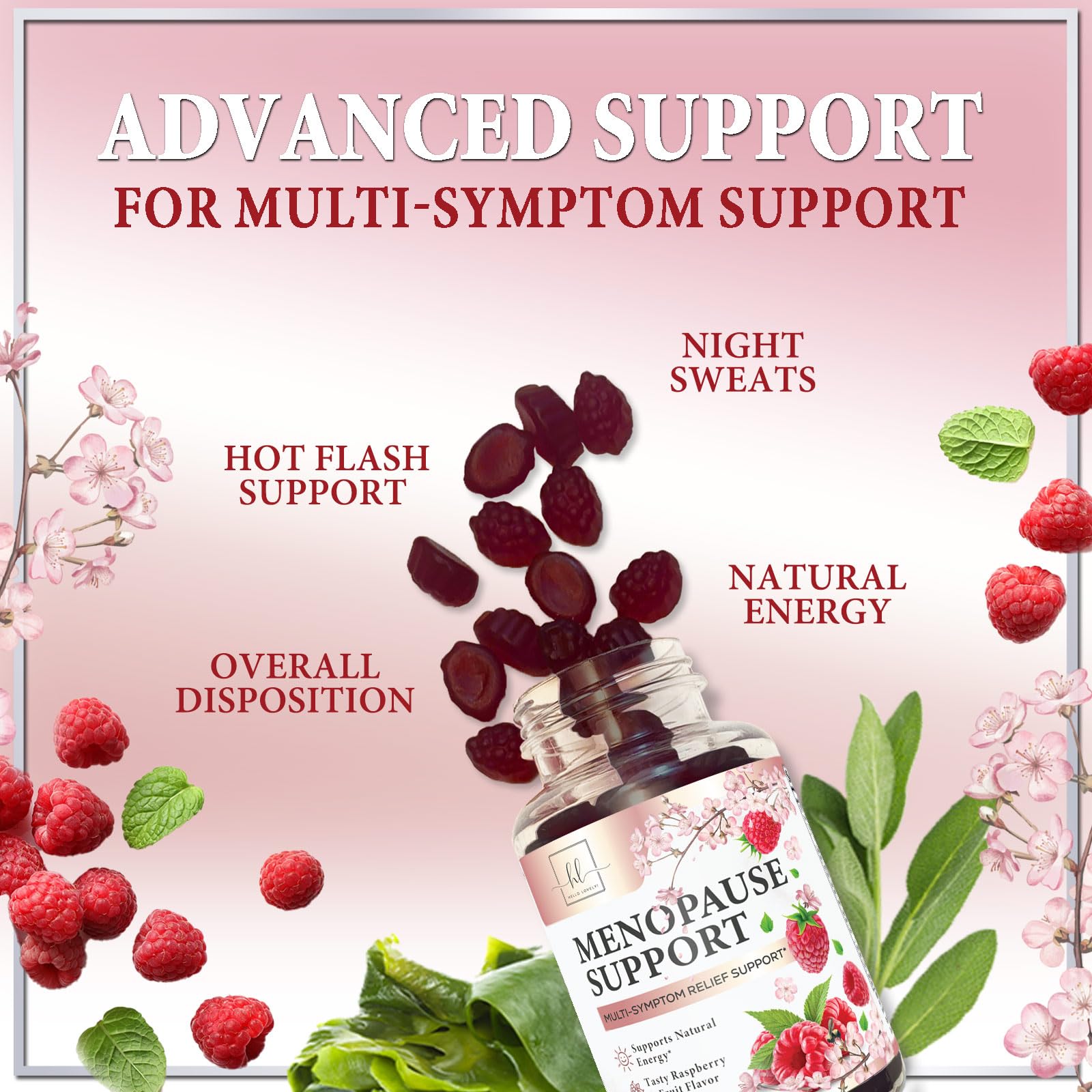 Hello Lovely raspberry-flavor gummies offering tasty, convenient relief during menopause.